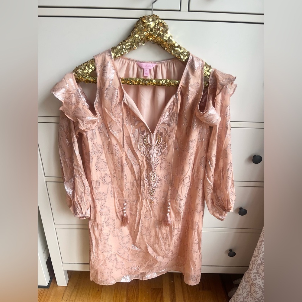 Lilly Pulitzer Marlyse Silk Dress Sandstone Metallic Palm Tree